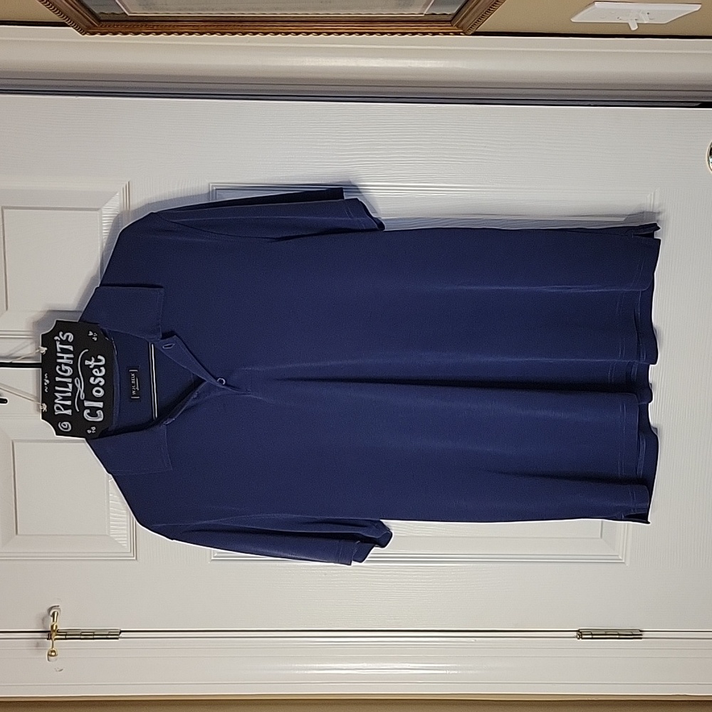 W. H. Belk Polo Dark Blue Black Stripe Short Sleeve Large